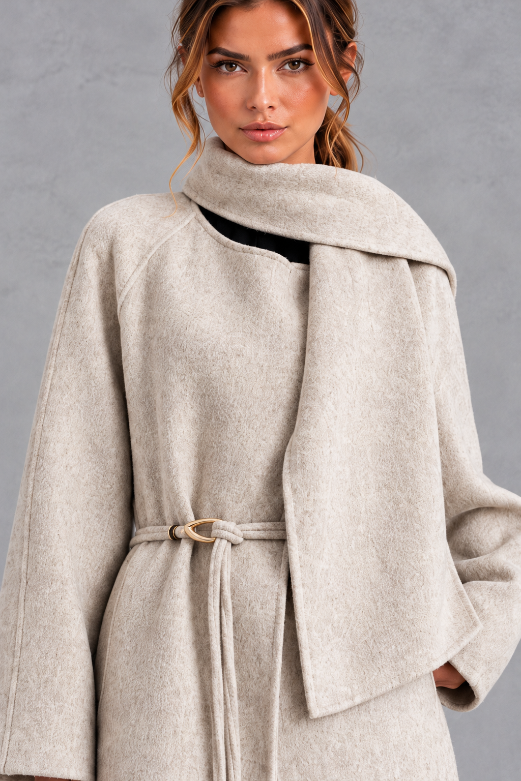 Women's Belted Wrap Coat – Statement Collar & Elegant Midi-Length Design