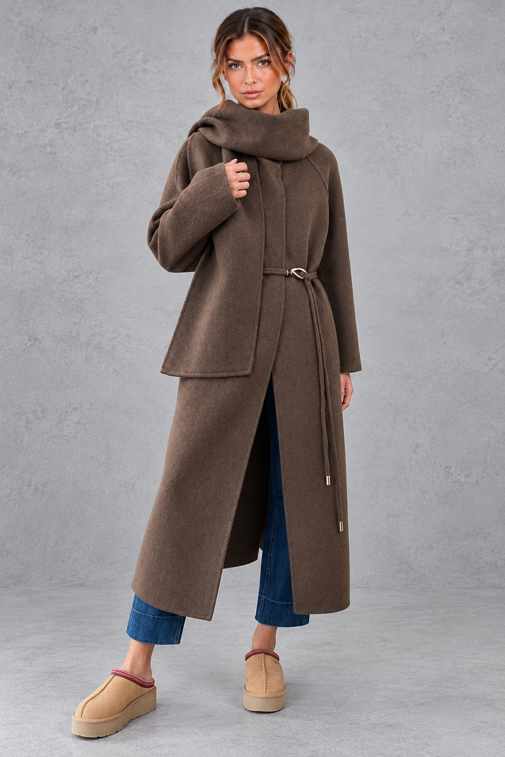 Women's Belted Wrap Coat – Statement Collar & Elegant Midi-Length Design