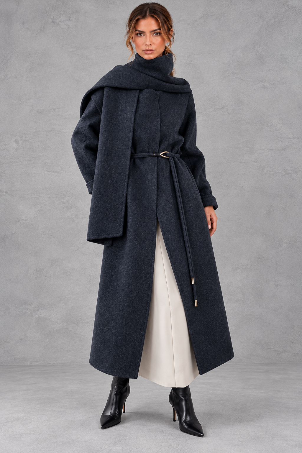 Women's Belted Wrap Coat – Statement Collar & Elegant Midi-Length Design
