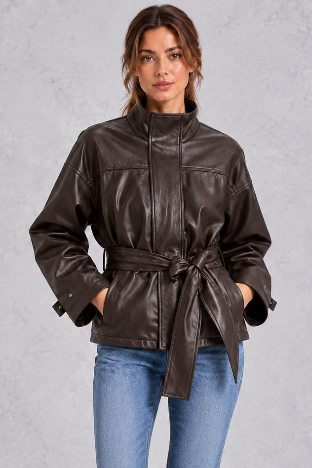 Women’s Brown Faux Leather Belted Cropped Jacket
