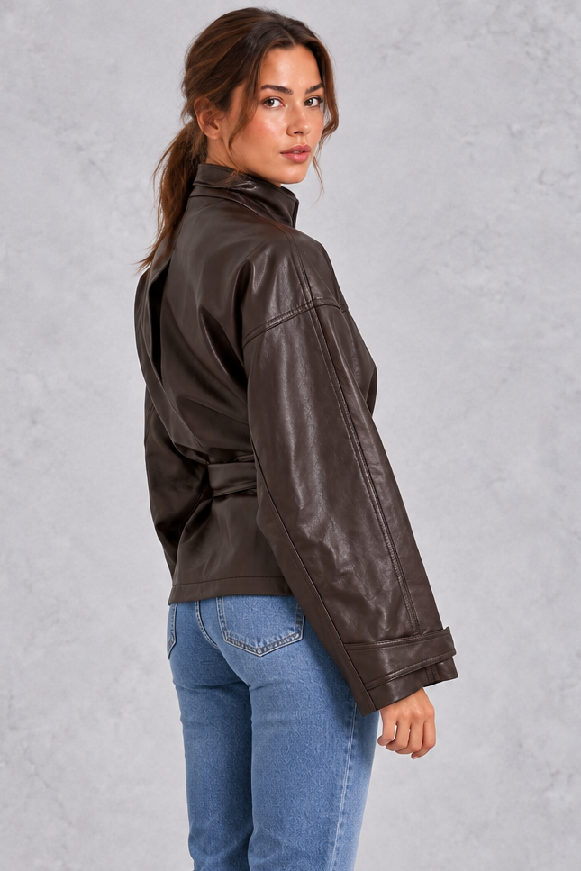 Women’s Brown Faux Leather Belted Cropped Jacket