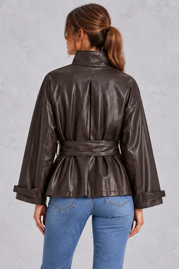 Women’s Brown Faux Leather Belted Cropped Jacket