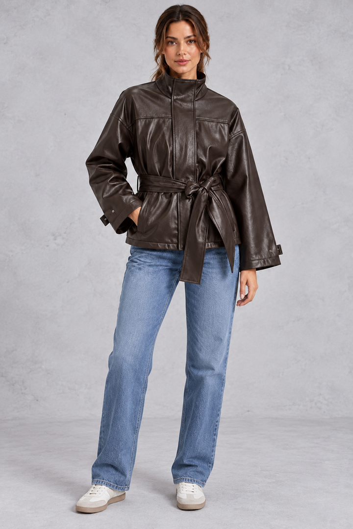 Women’s Brown Faux Leather Belted Cropped Jacket