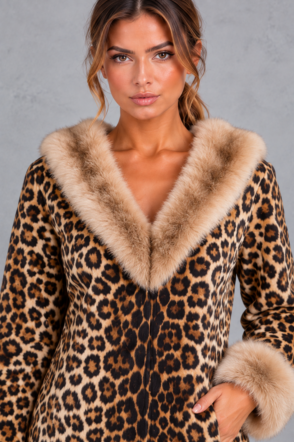 Women’s Brown Leopard Faux Fur Trim Mini Dress