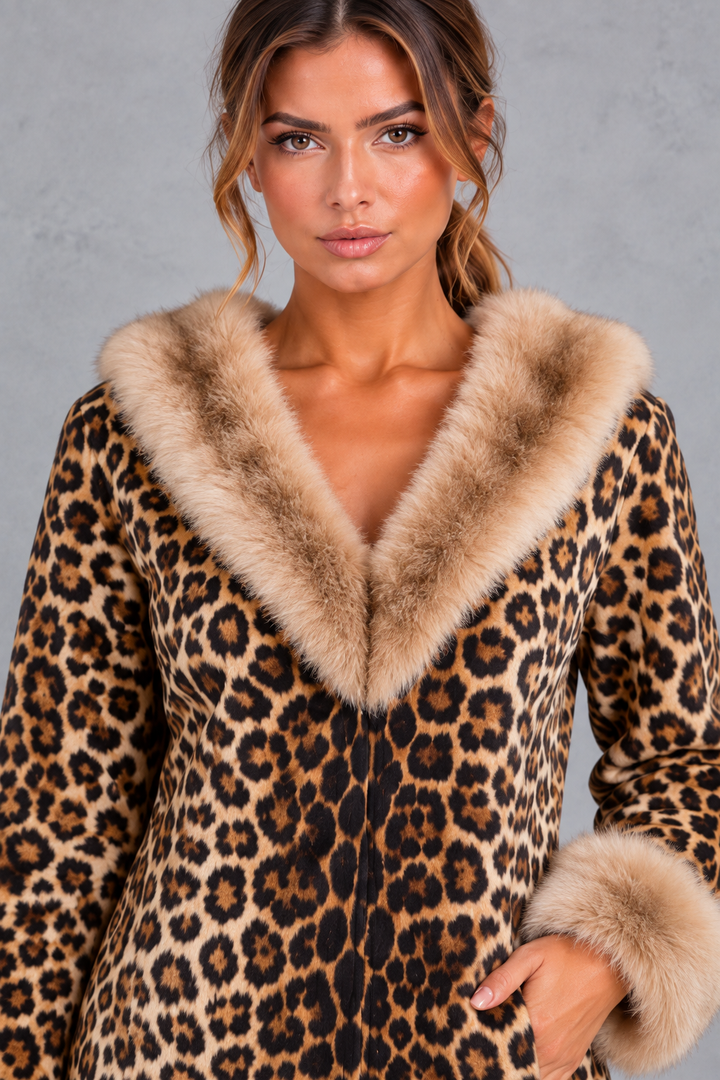 Women’s Brown Leopard Faux Fur Trim Mini Dress