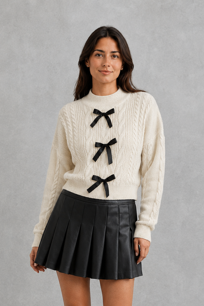 Women’s Cable Knit Bow Cardigan – Tie Front Long Sleeve Knitwear