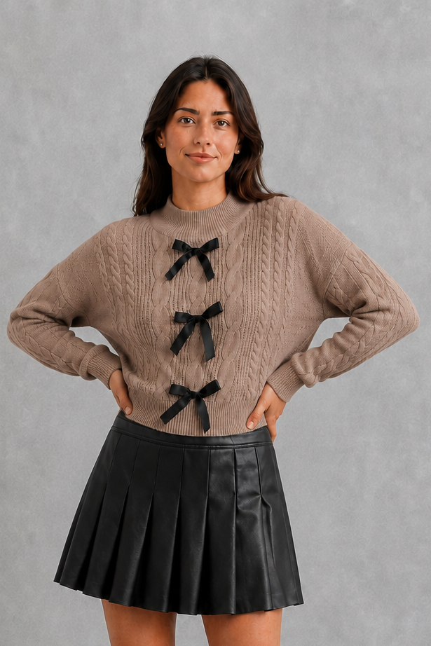 Women’s Cable Knit Bow Cardigan – Tie Front Long Sleeve Knitwear