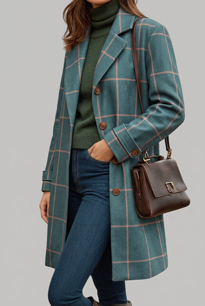 Women's Elegant Longline Check Coat with Button Front