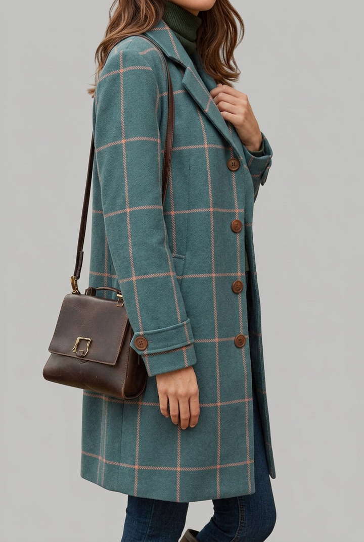 Women's Elegant Longline Check Coat with Button Front