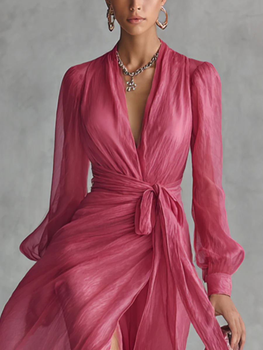 Beatrice Elegant Chiffon V-neck Tie-waist Long Dress - Elena Harper