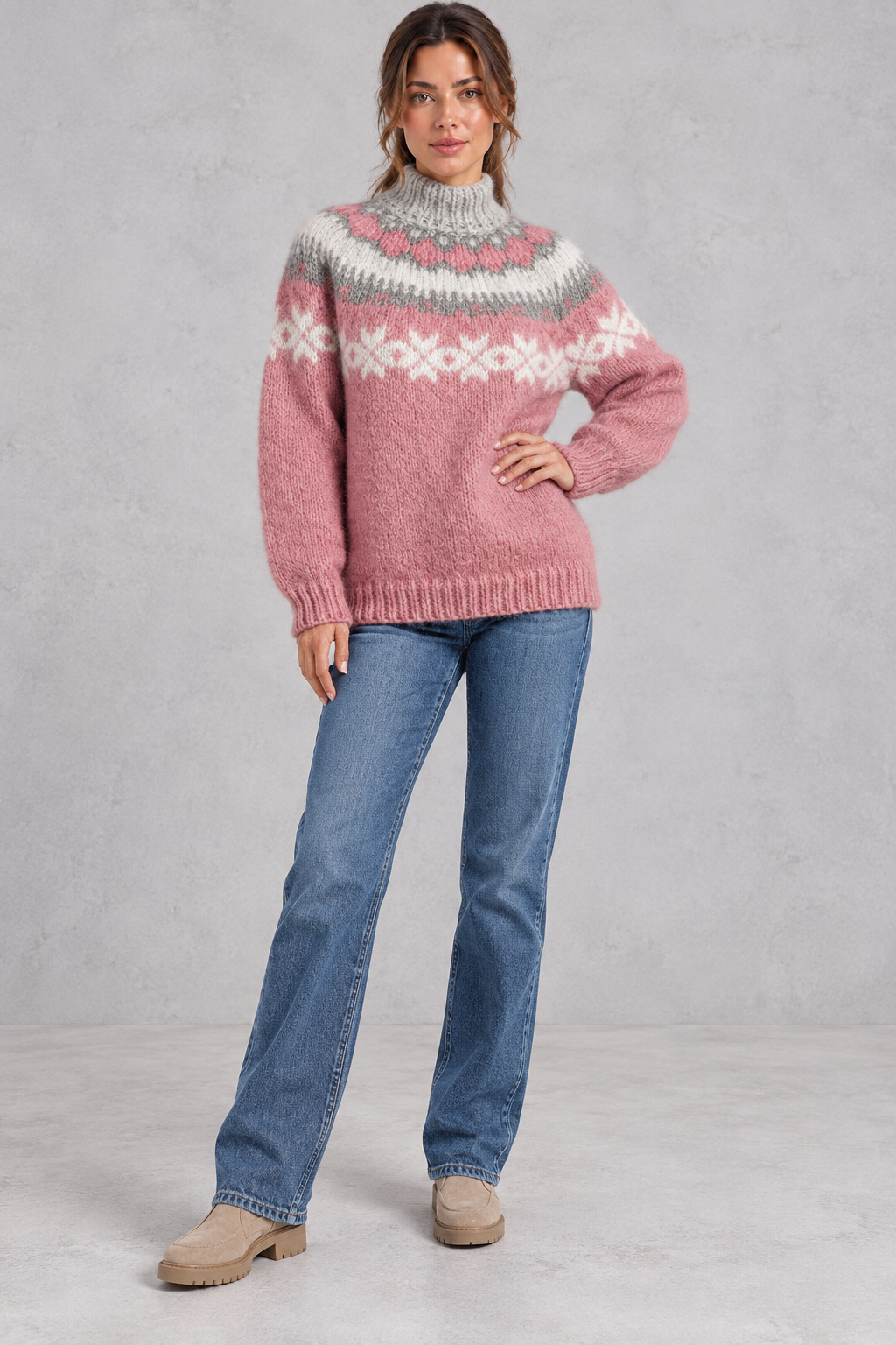 Women's Snowflake Fair Isle Jumper – Chunky Knit High Neck Relaxed Pullover