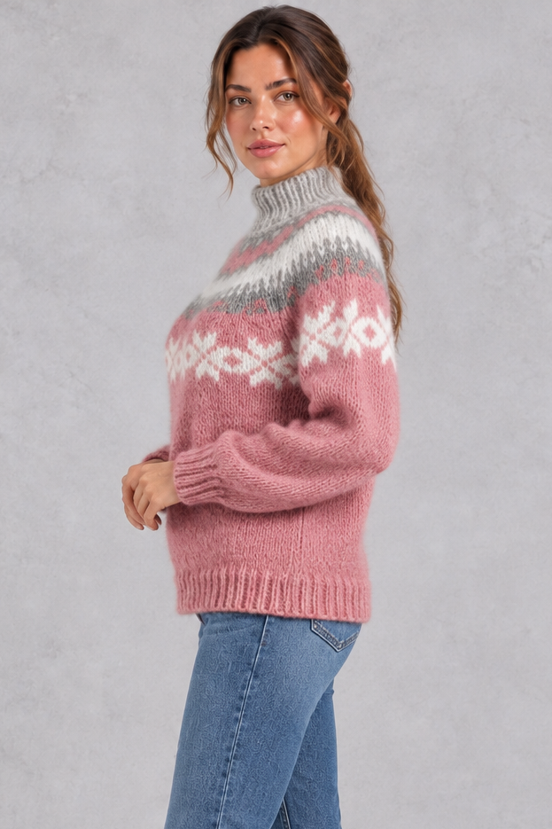 Women's Snowflake Fair Isle Jumper – Chunky Knit High Neck Relaxed Pullover