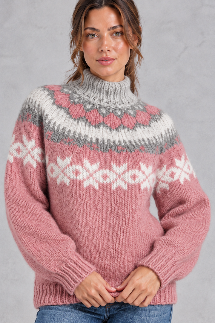 Women's Snowflake Fair Isle Jumper – Chunky Knit High Neck Relaxed Pullover