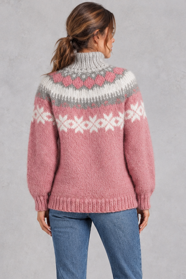 Women's Snowflake Fair Isle Jumper – Chunky Knit High Neck Relaxed Pullover