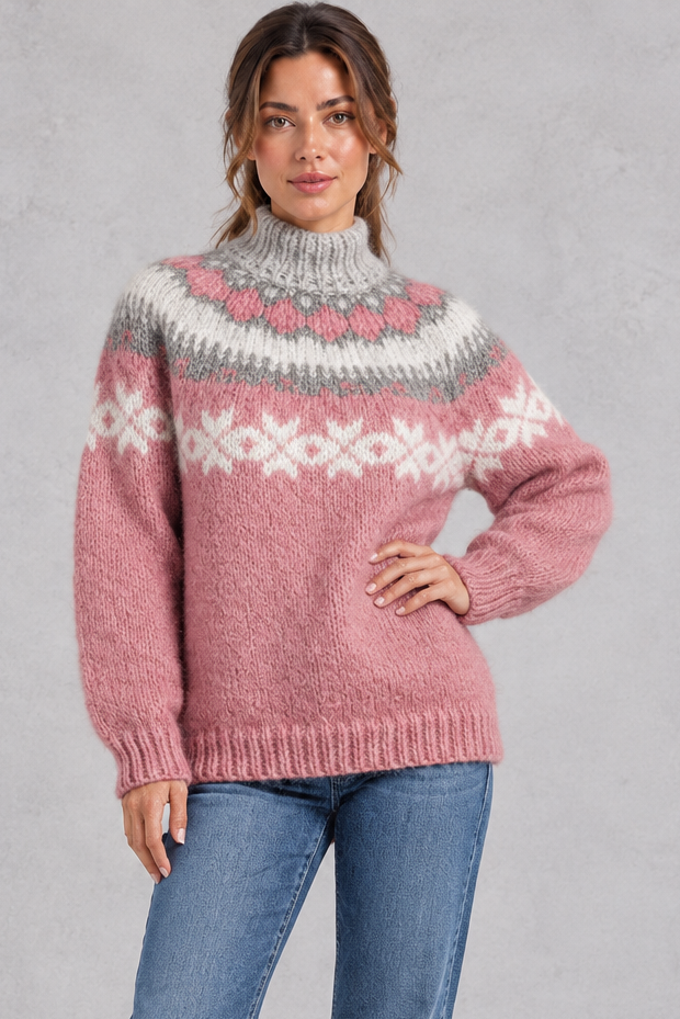 Women's Snowflake Fair Isle Jumper – Chunky Knit High Neck Relaxed Pullover