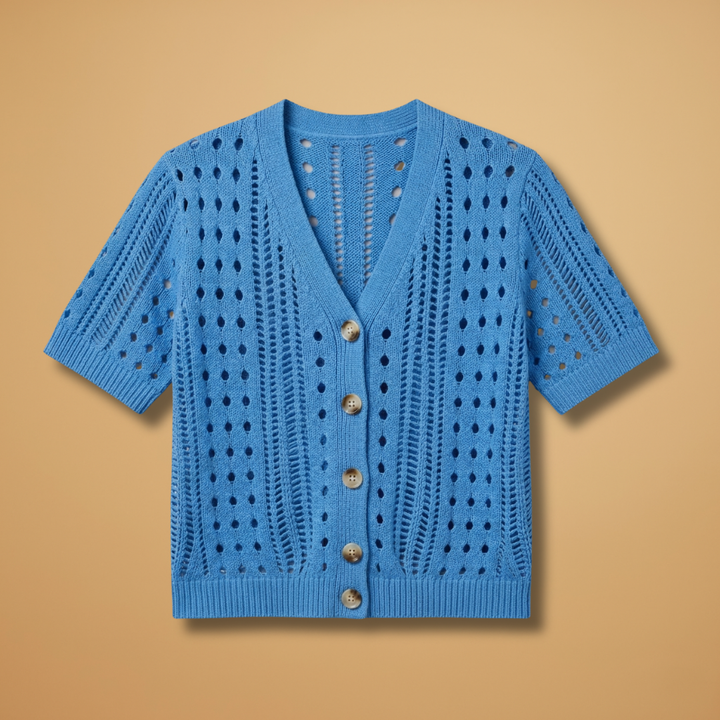Women's Hollow Knit Cardigan with Elegant Neckline and Short Sleeves