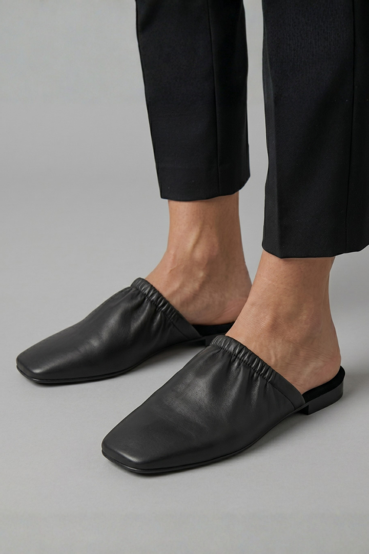 Women's Leather Mule Shoes with Cap Toe and Slip-On