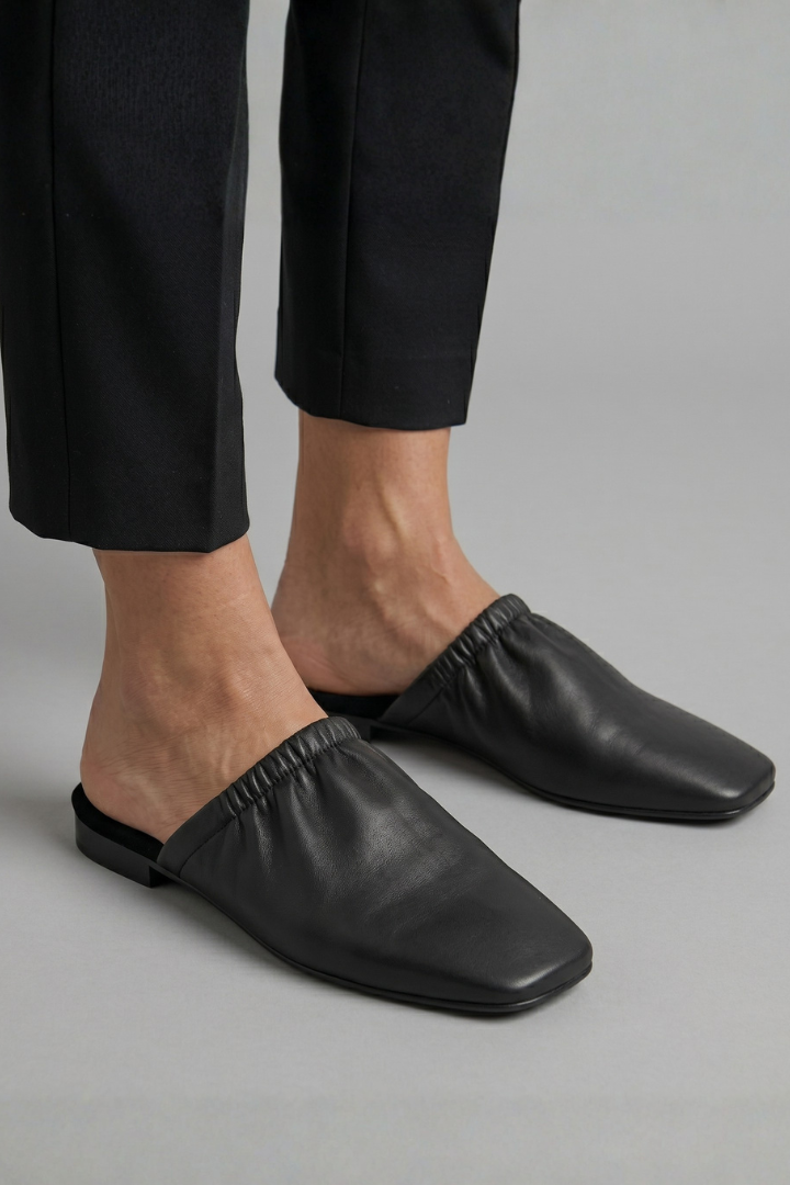 Women's Leather Mule Shoes with Cap Toe and Slip-On
