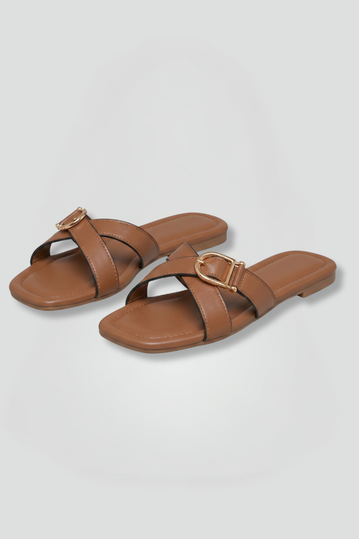 Women's Leather Sandals with Criss Cross Straps and Slip On