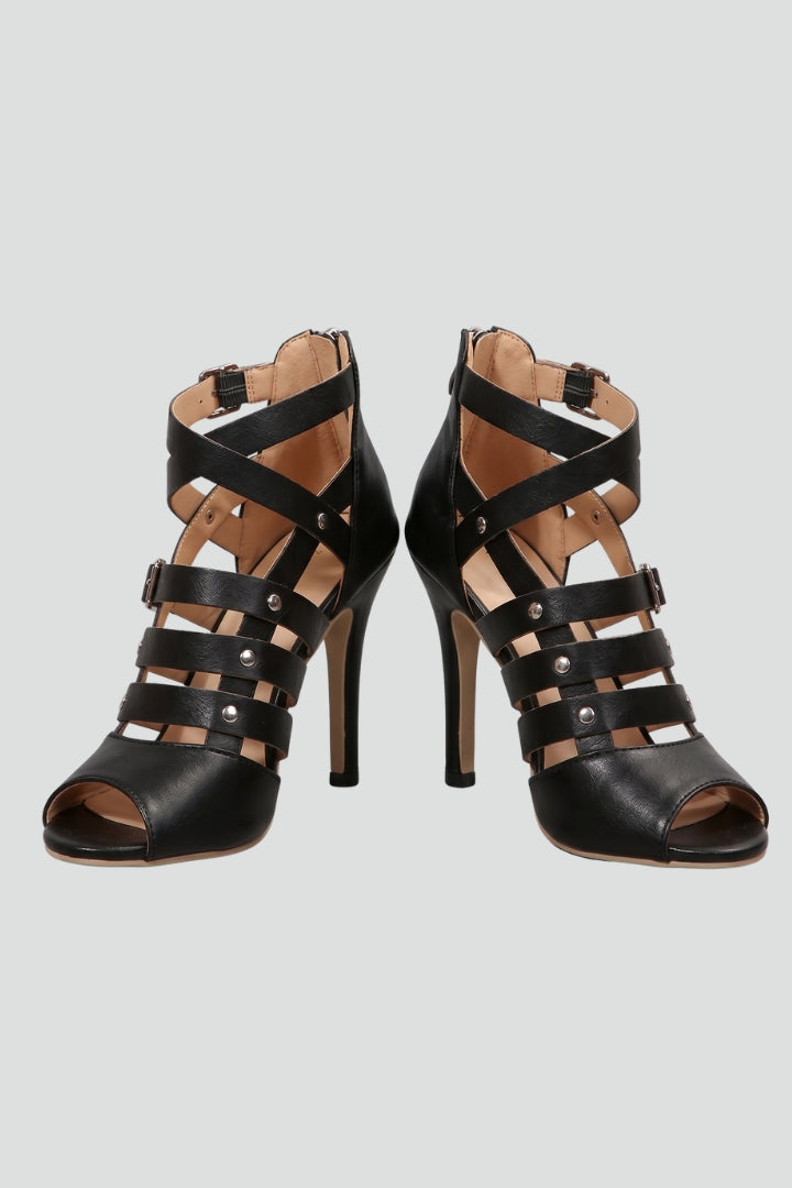 Women's Leather Sandals with Zipper Closure and Stiletto Heel