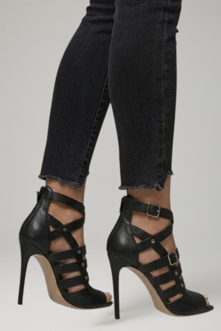 Women's Leather Sandals with Zipper Closure and Stiletto Heel