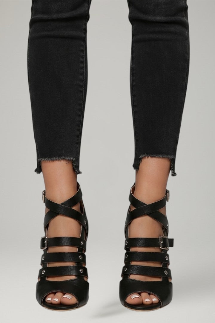 Women's Leather Sandals with Zipper Closure and Stiletto Heel