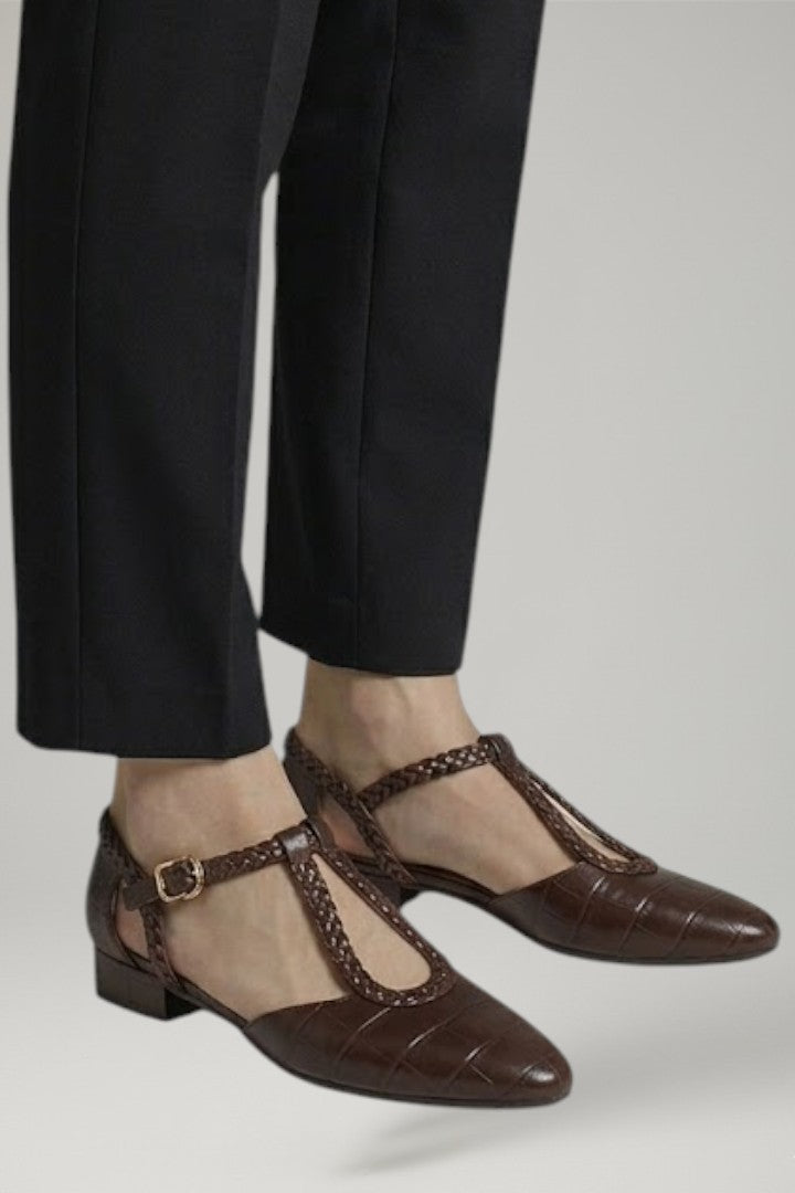 Women's Leather Shoes with T Strap and Buckle