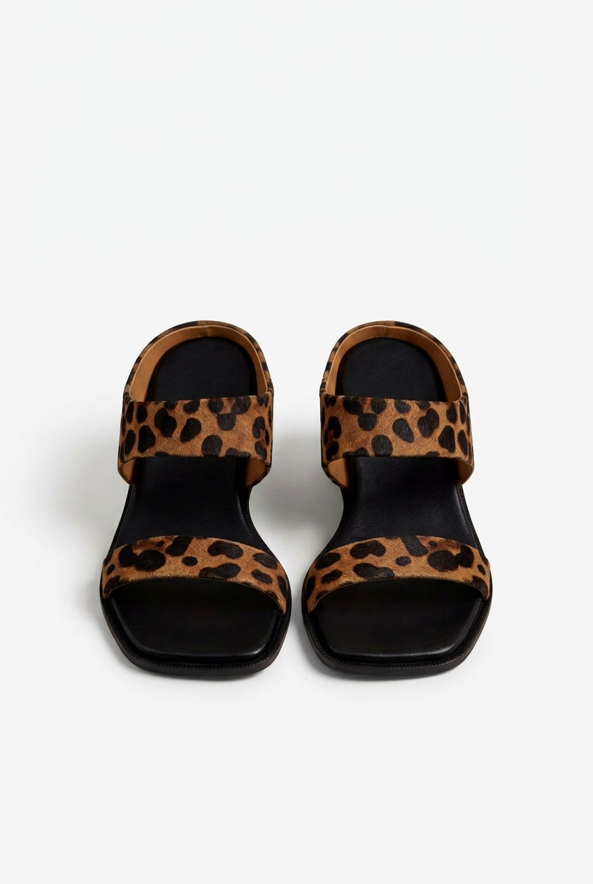 Women’s Leopard-Print Flat Sandals with Two-Strap Design and Heel Support