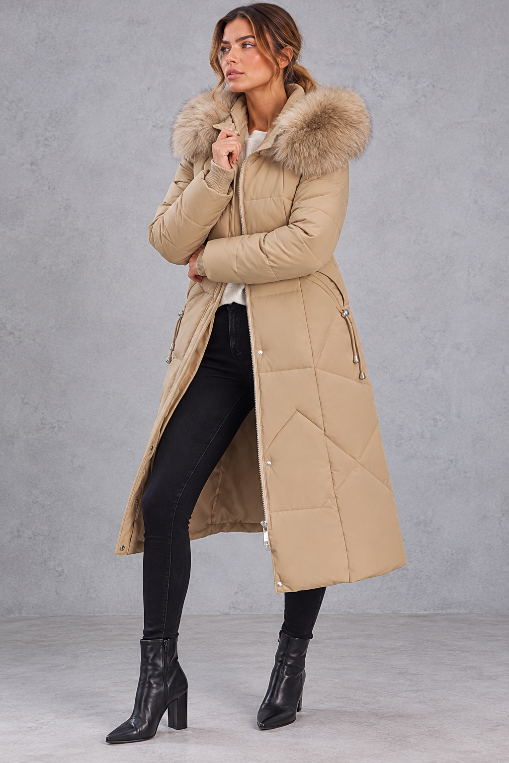 Women's Longline Quilted Puffer Coat – Faux Fur Hood & Flattering Shaped Waist