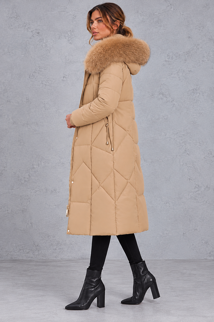 Women's Longline Quilted Puffer Coat – Faux Fur Hood & Flattering Shaped Waist