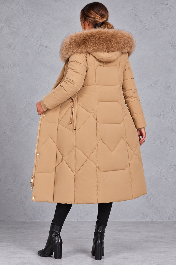 Women's Longline Quilted Puffer Coat – Faux Fur Hood & Flattering Shaped Waist