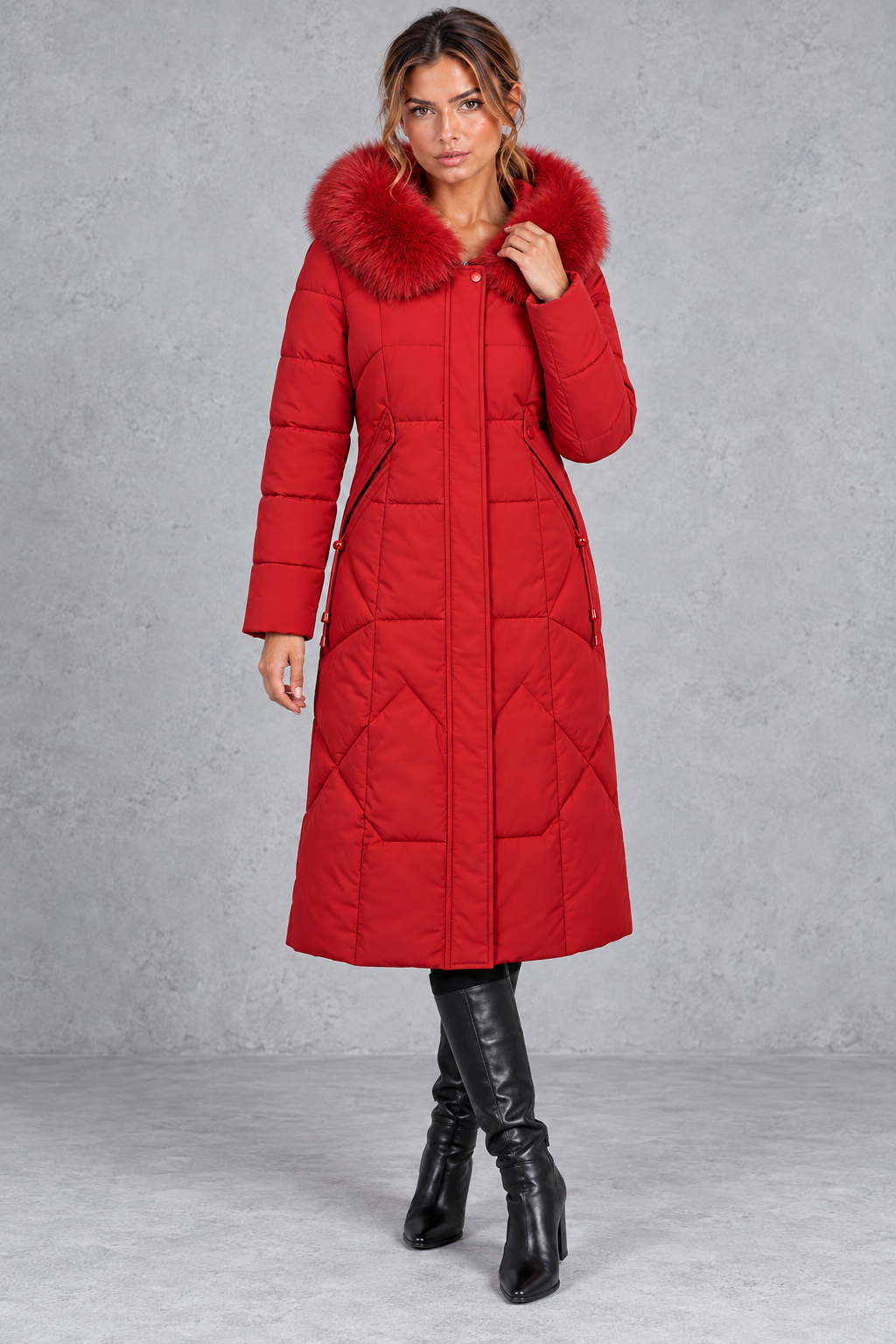 Women's Longline Quilted Puffer Coat – Faux Fur Hood & Flattering Shaped Waist