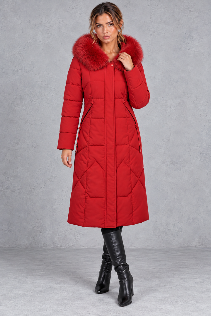 Women's Longline Quilted Puffer Coat – Faux Fur Hood & Flattering Shaped Waist