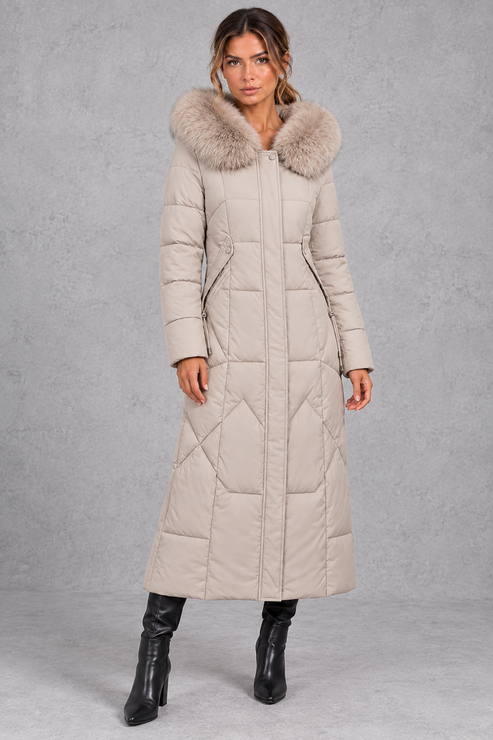 Women's Longline Quilted Puffer Coat – Faux Fur Hood & Flattering Shaped Waist