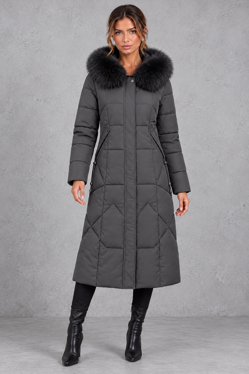 Women's Longline Quilted Puffer Coat – Faux Fur Hood & Flattering Shaped Waist