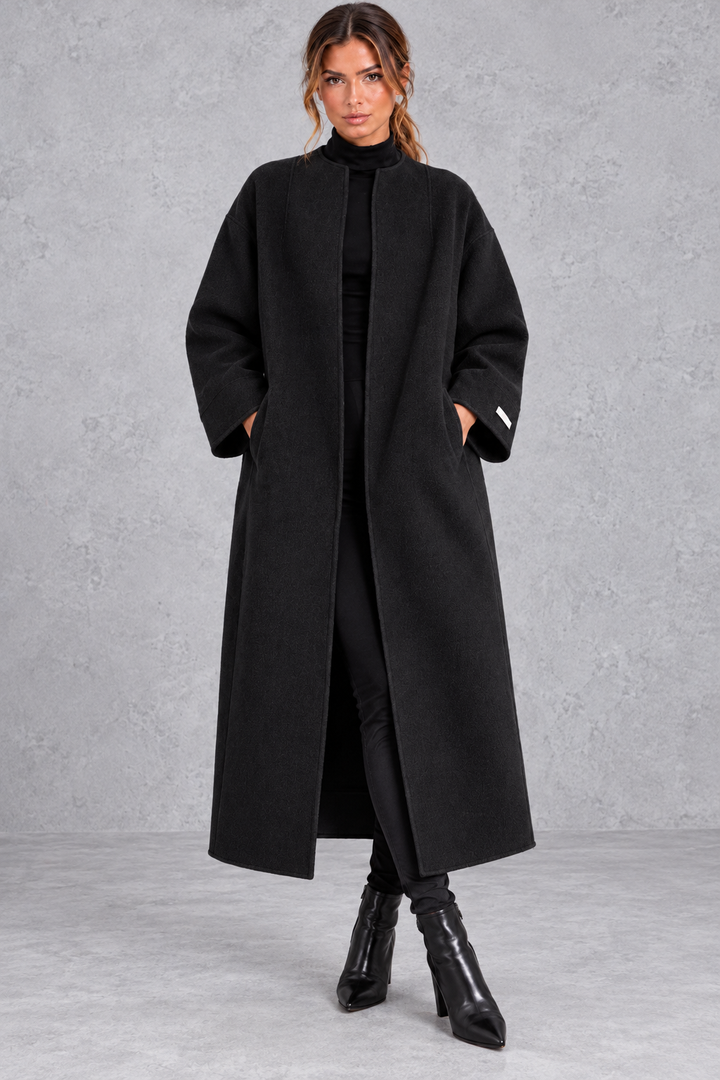 Women's Longline Wool-Blend Coat – Open Front & Relaxed Fit