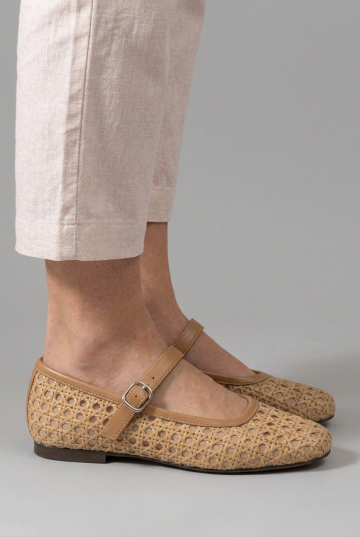Women's Mary Jane Flats with Woven Crochet Floral Upper