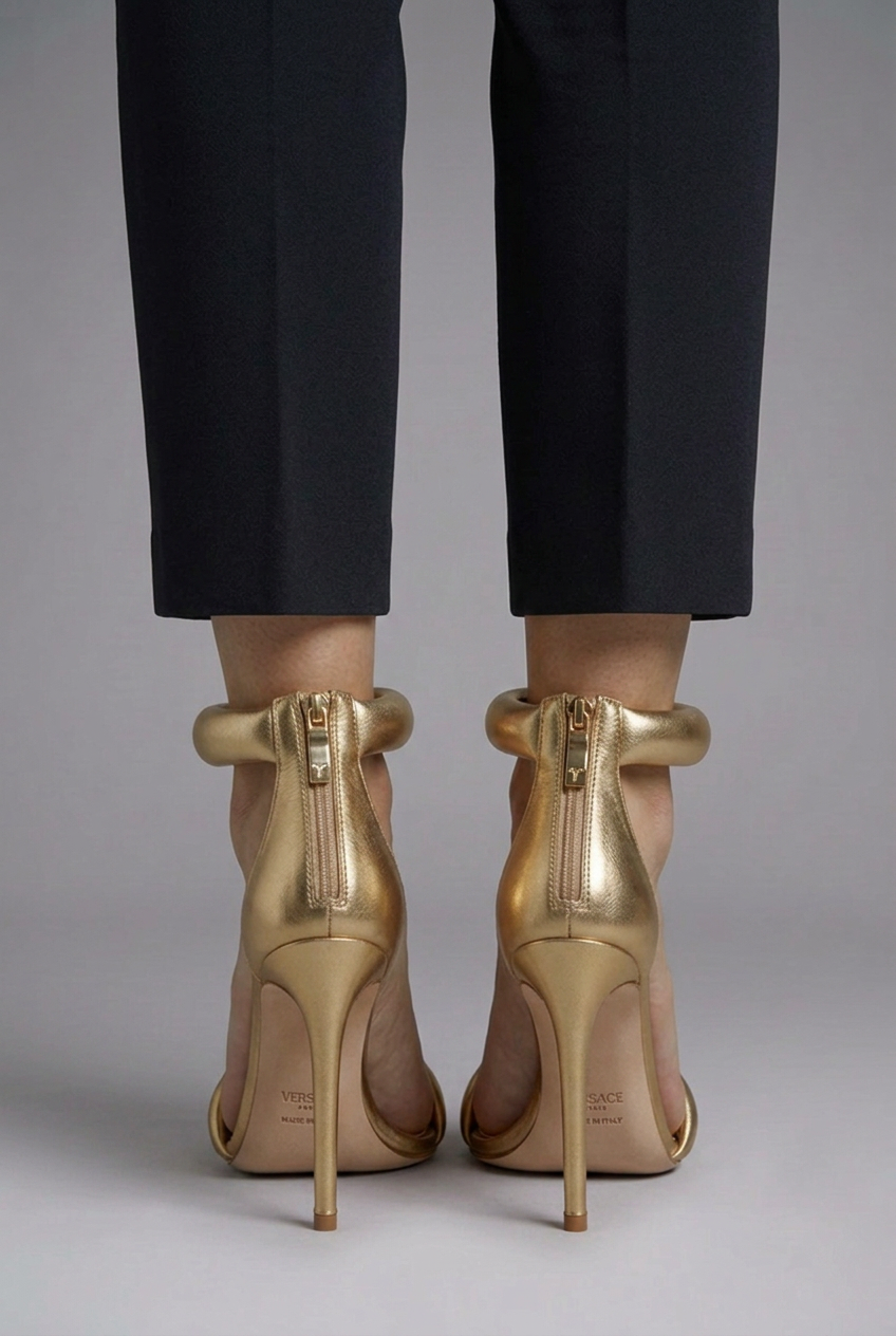 Women's Metallic Gold High Heel Sandals with Padded Ankle Strap for Party Wear
