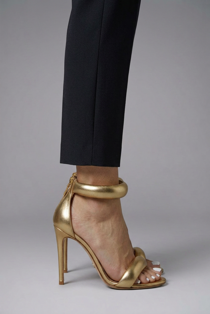 Women's Metallic Gold High Heel Sandals with Padded Ankle Strap for Party Wear
