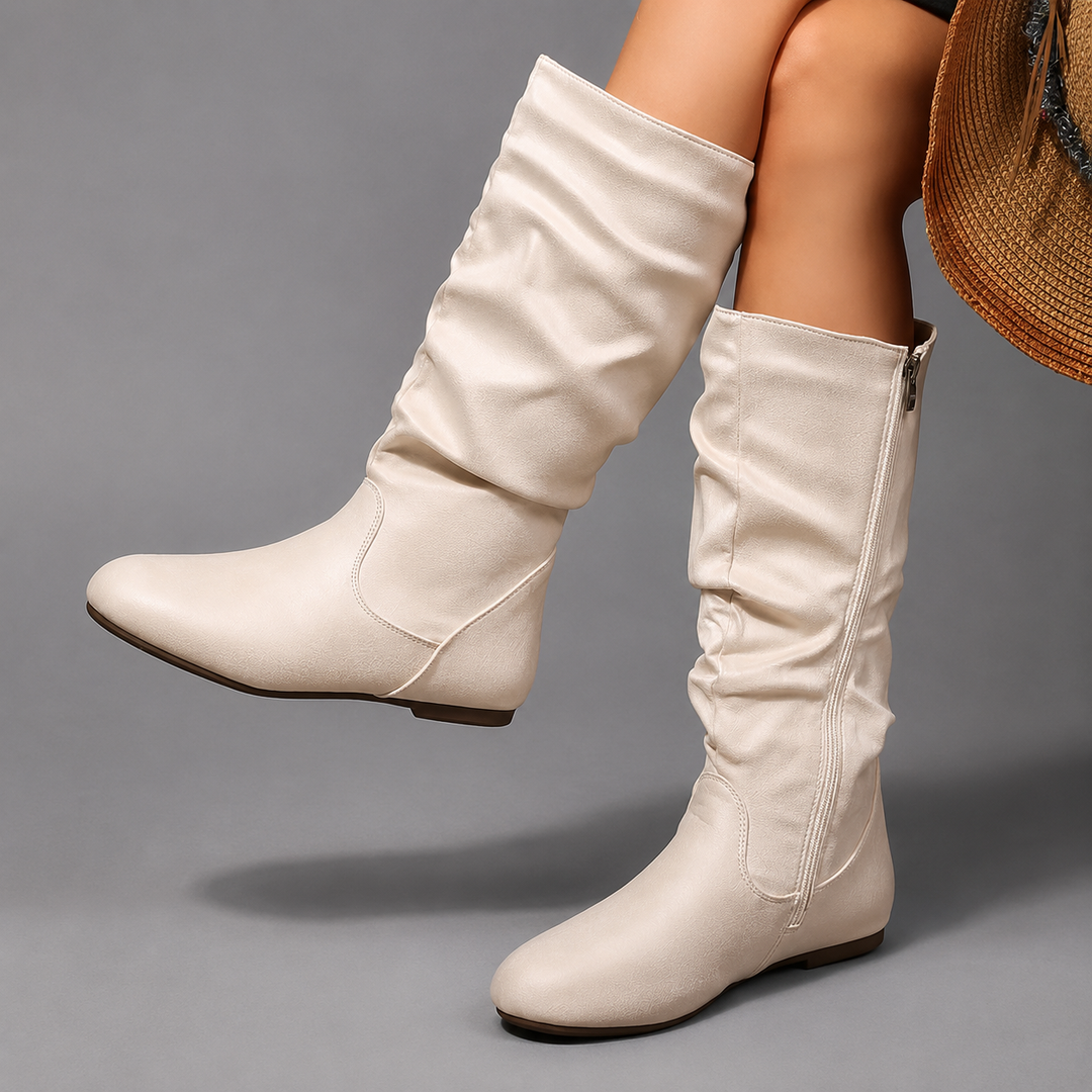 Women’s Mid-Calf Winter Boots – Vintage Side Zip Low Heel Casual Shoes