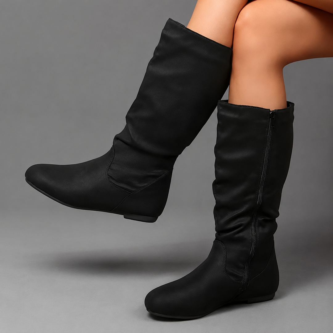 Women’s Mid-Calf Winter Boots – Vintage Side Zip Low Heel Casual Shoes