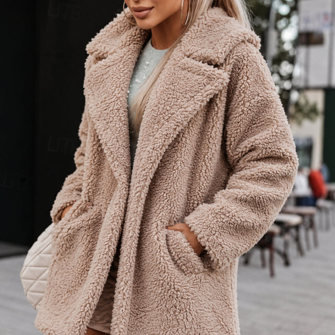 Women's Oversized Teddy Coat with Shawl Collar and Pockets