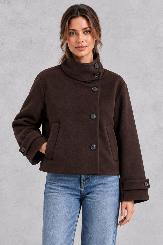 Women's Short Wool-Blend Jacket – Stand Collar & Asymmetric Button Design
