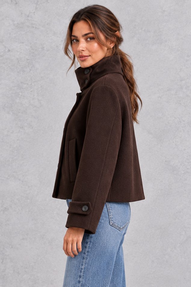 Women's Short Wool-Blend Jacket – Stand Collar & Asymmetric Button Design