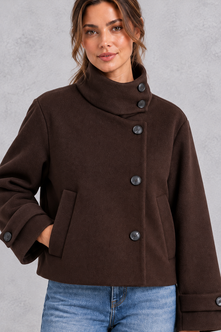 Women's Short Wool-Blend Jacket – Stand Collar & Asymmetric Button Design