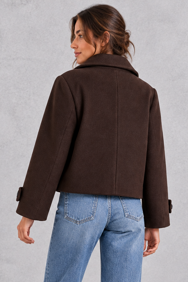 Women's Short Wool-Blend Jacket – Stand Collar & Asymmetric Button Design
