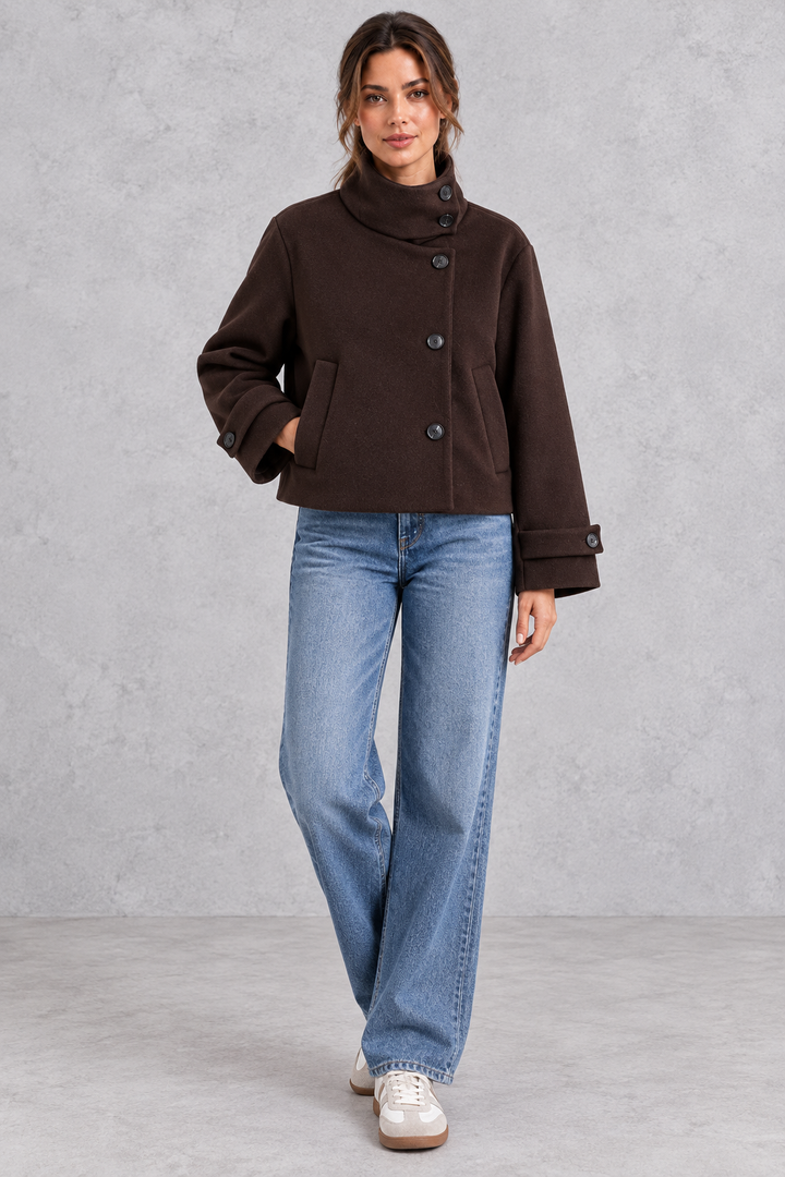 Women's Short Wool-Blend Jacket – Stand Collar & Asymmetric Button Design