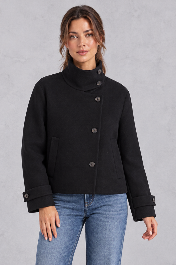 Women's Short Wool-Blend Jacket – Stand Collar & Asymmetric Button Design