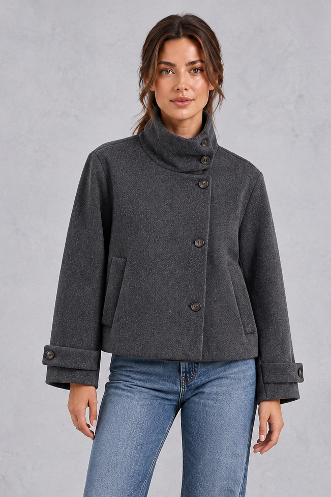 Women's Short Wool-Blend Jacket – Stand Collar & Asymmetric Button Design