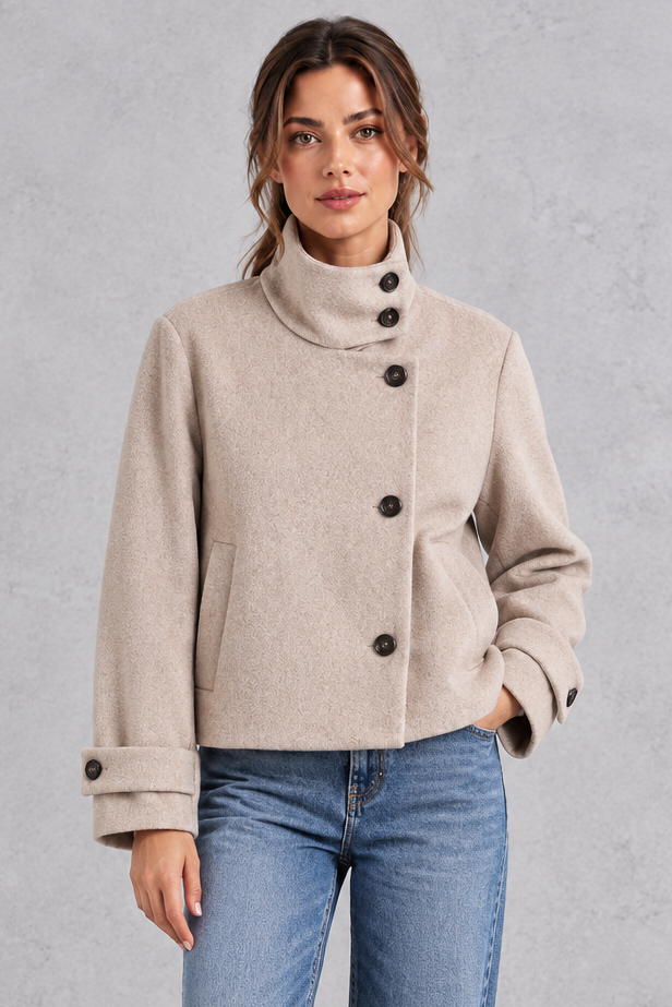 Women's Short Wool-Blend Jacket – Stand Collar & Asymmetric Button Design